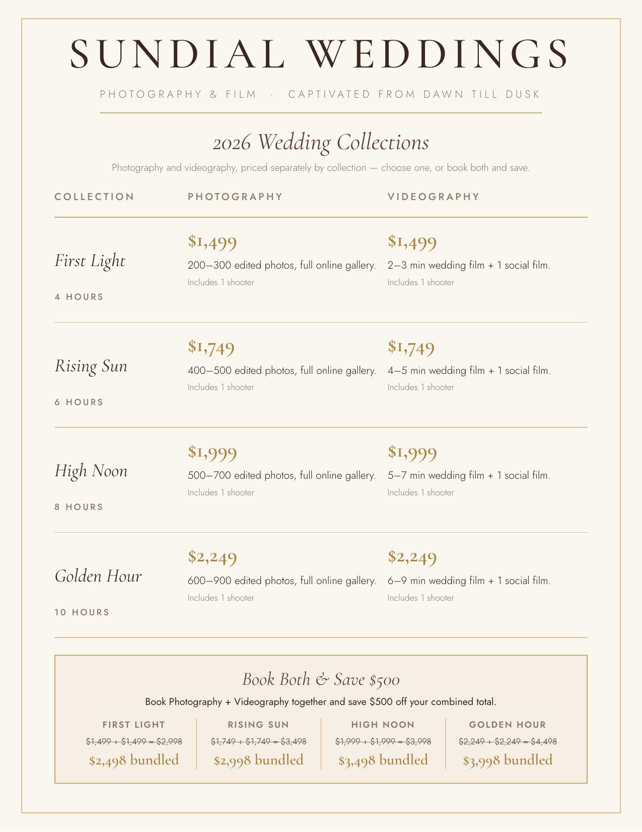 Sundial Weddings 2026 Collections brochure, page 1 &mdash; pricing