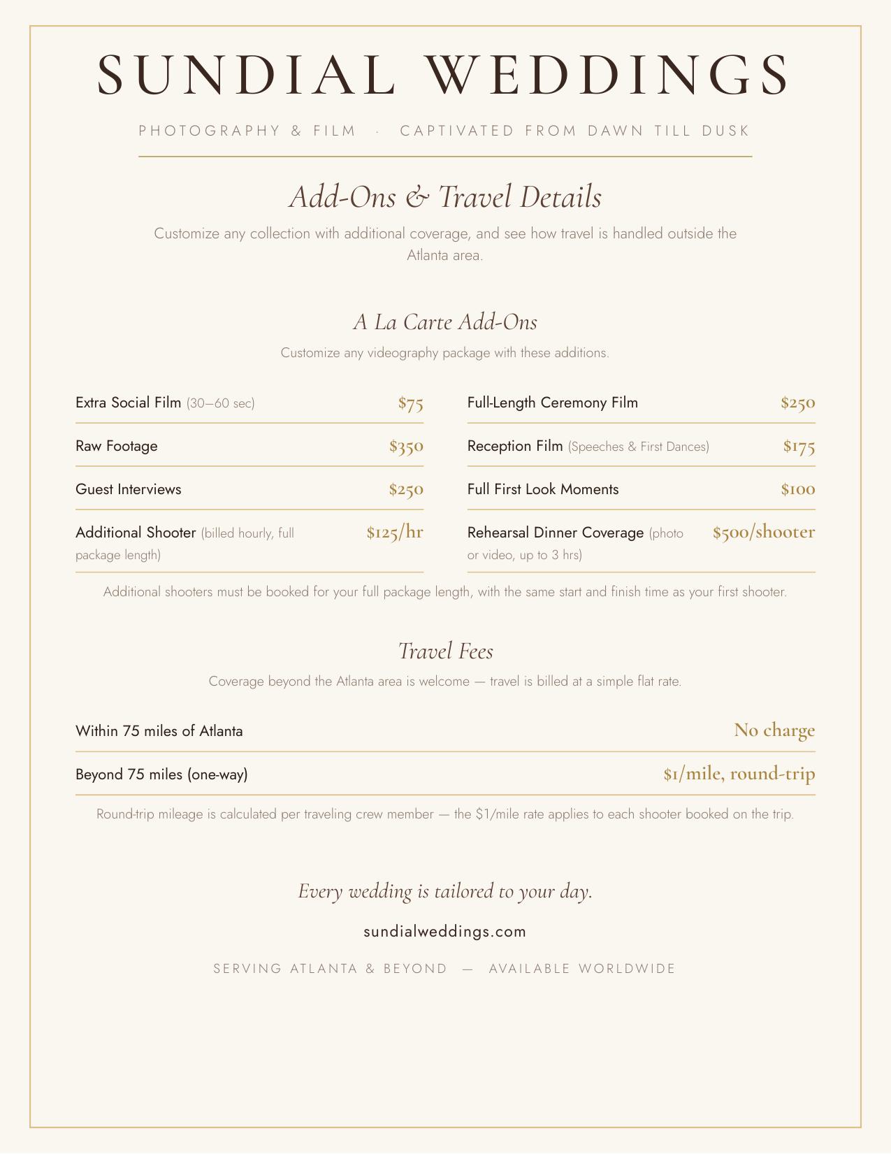 Sundial Weddings 2026 Collections brochure, page 2 &mdash; add-ons and travel